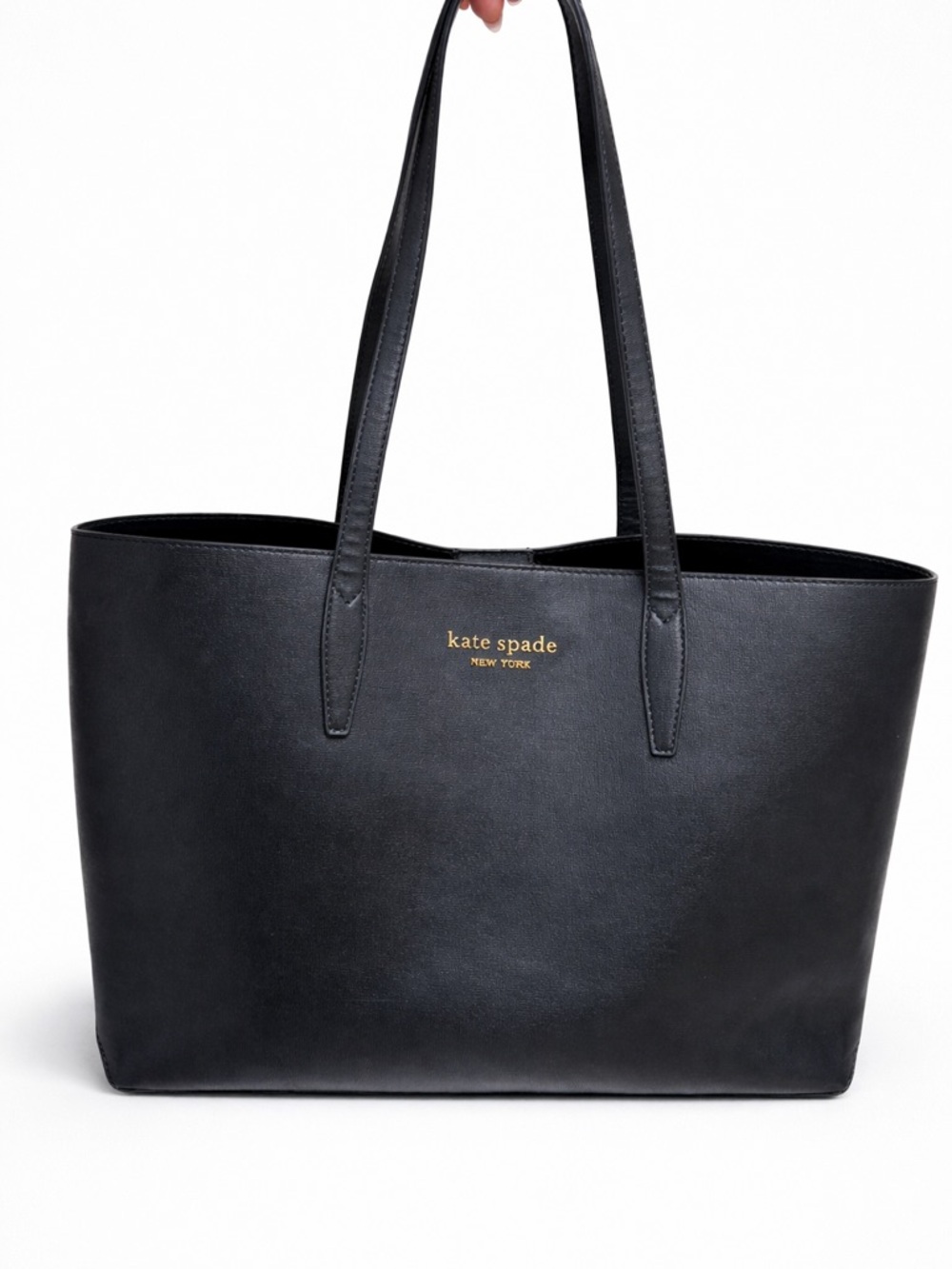 kate spade Black Leather Tote with Gold Logo Text